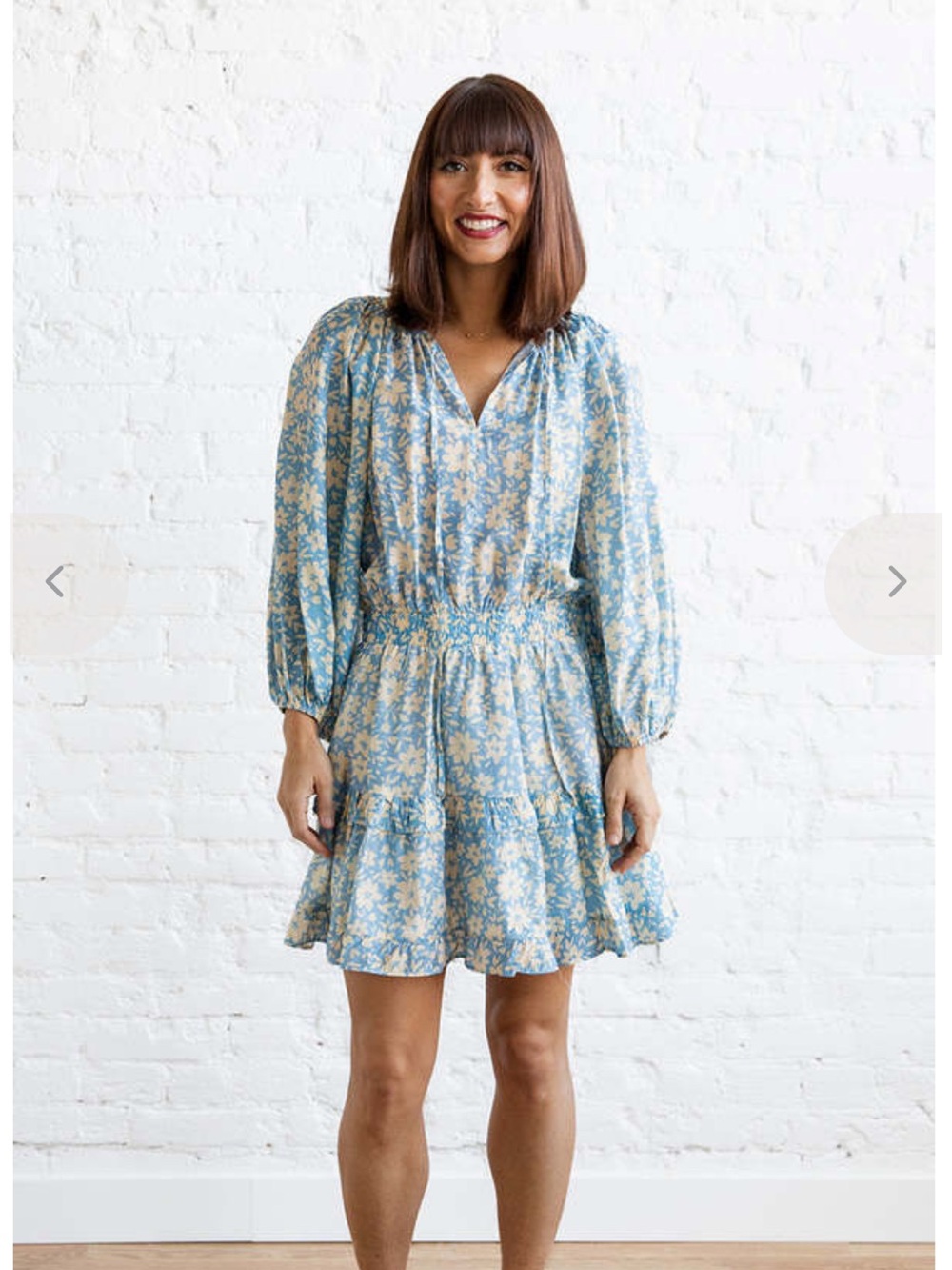 Floral Smocked Waist Long-Sleeve Mini Dress - Blue/Cream